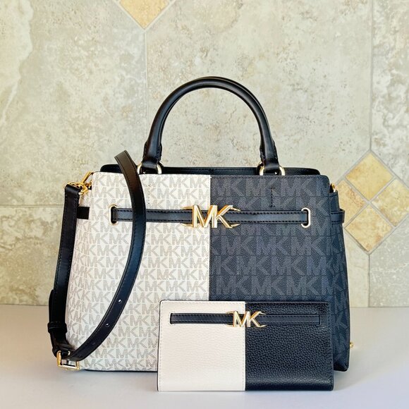 Michael Kors Reed Large Satchel Shoulder Bag + Bifold Wallet MK Vanilla/Black